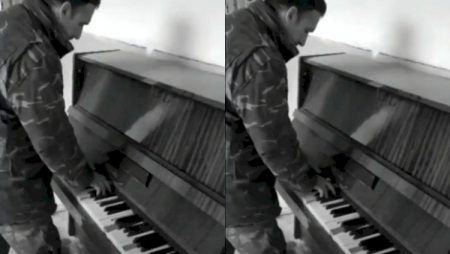 Əsgərimiz dağıntılar arasında piano ifa etdi  - Video