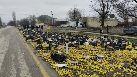 Qubada avtomobildə daşınan almalar yola dağıldı - FOTO