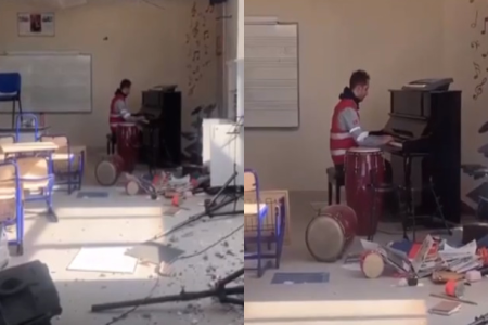 Dağılmış məktəbdə piano ifa edən müəllim