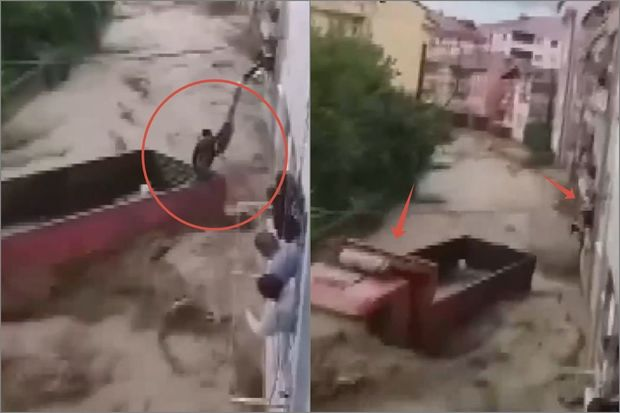 Ölümlə həyat arasında: Türkiyəli gənc seldən son saniyədə xilas oldu